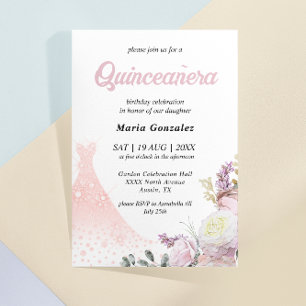  Pink Floral and Dress  Quinceañera Invitation
