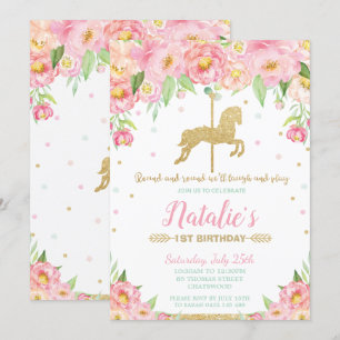 Pink Floral and Gold Carousel 1st Birthday Girl Invitation