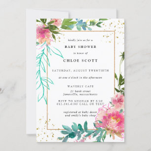 Pink Floral and Gold Elegant Baby Shower Invitation