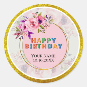 Pink Floral and Gold Glitter Round Happy Birthday Classic Round Sticker