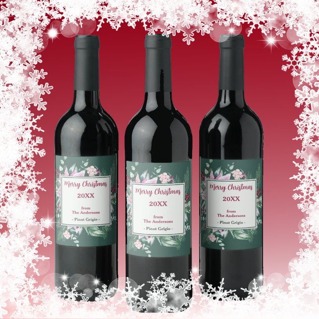 Pink Floral and Green Christmas Wine Label (Creator Uploaded)