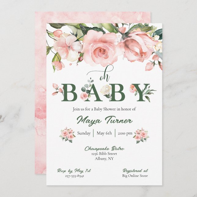 Pink Floral and Greenery Baby Shower Invitation (Front/Back)