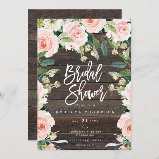 pink floral and greenery boho modern bridal shower invitation (Front/Back)