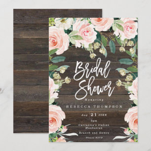 pink floral and greenery boho modern bridal shower invitation