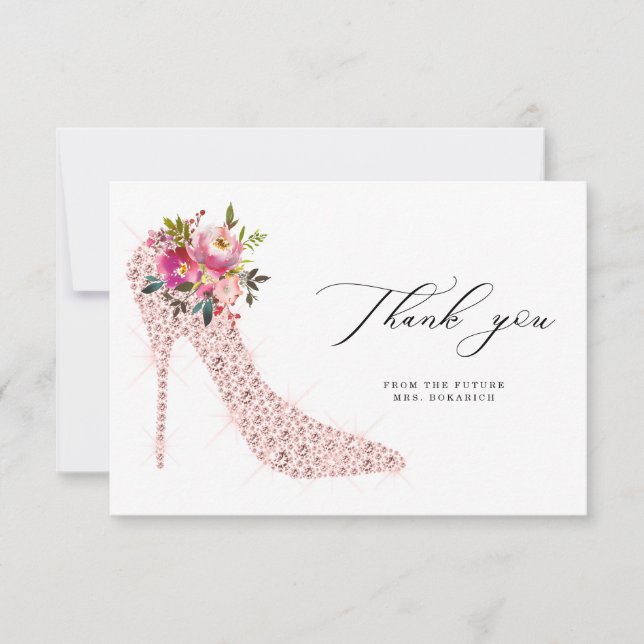 Pink Floral and High Heels Script Bridal Shower  Thank You Card (Front)