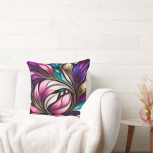 Pink Floral and leaves Stained Glass Look Cushion