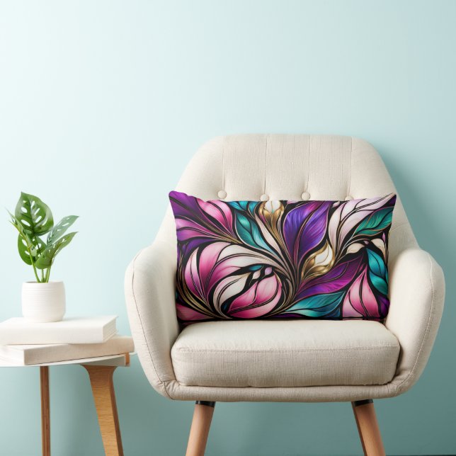 Pink Floral and leaves Stained Glass Look Lumbar Cushion (Chair)