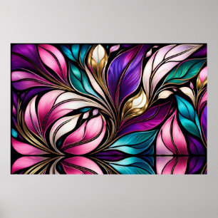 Pink Floral and leaves Stained Glass Look Poster