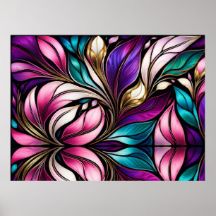 Pink Floral and leaves Stained Glass Look Poster