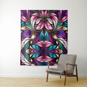 Pink Floral and leaves Stained Glass Look Tapestry