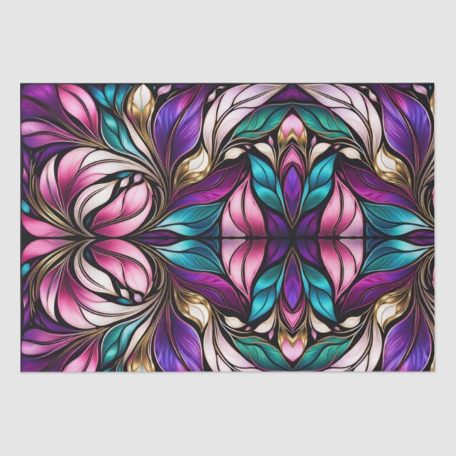 Pink Floral and leaves Stained Glass Look Tissue Paper (Front)