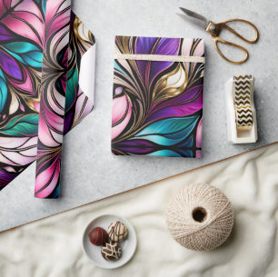 Pink Floral and leaves Stained Glass Look Wrapping Paper