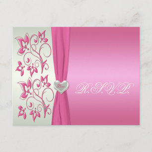 Pink Floral and Pale Green with Love Heart RSVP Invitation