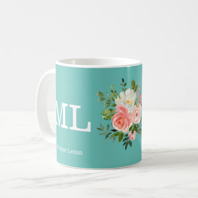 Pink Floral and Teal Monogram  Coffee Mug (Front Left)