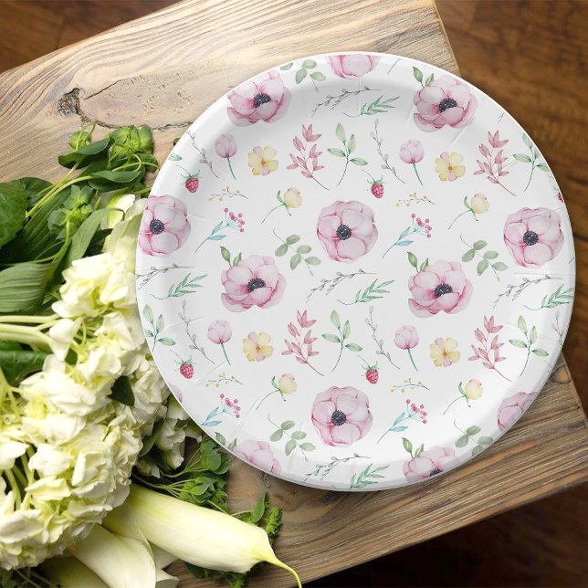 Pink Floral Anemone Bridal Shower Paper Plate (Creator Uploaded)
