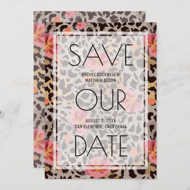 Pink Floral Animal Print Wedding Save the Date (Front/Back)