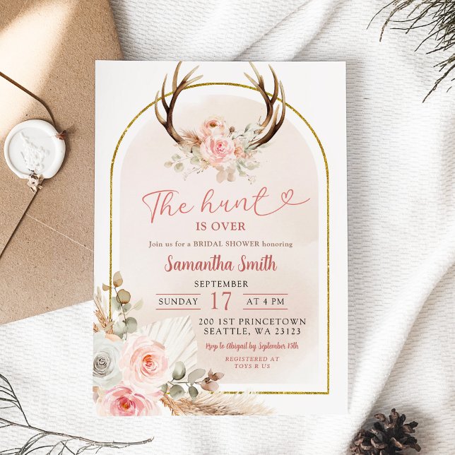 Pink Floral Antlers Bridal Shower The Hunt is Over Invitation (Creator Uploaded)
