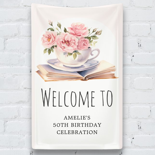 Pink Floral Any Age Book Theme Birthday Welcome Banner (Creator Uploaded)