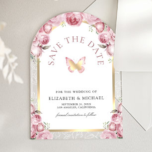 Pink Floral Arch Butterfly Wedding Save the Date Acrylic Invitations