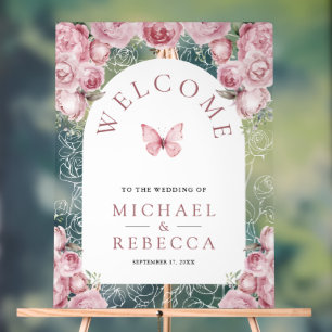 Pink Floral Arch Butterfly Wedding Welcome Acrylic Sign