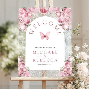 Pink Floral Arch Butterfly Wedding Welcome Acrylic Sign