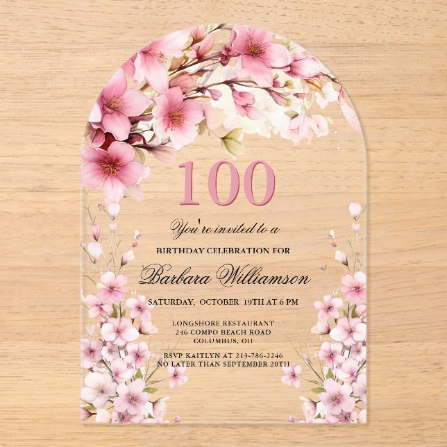 Pink Floral Arch Elegance 100th Birthday Party Acrylic Invitations (Front)