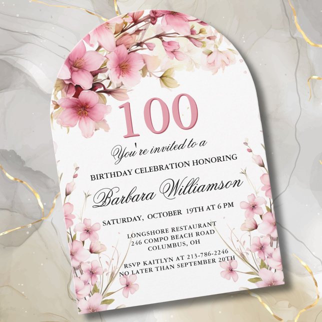 Pink Floral Arch Elegance 100th Birthday Party Invitation (Creator Uploaded)