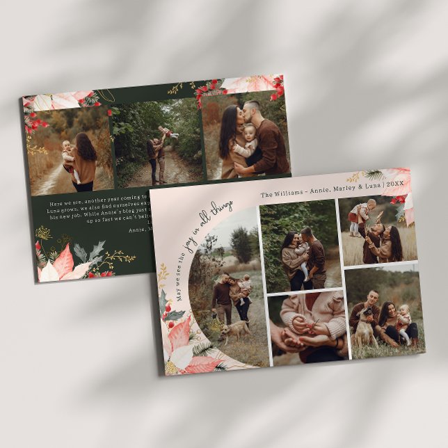 Pink Floral Arch Joy In All Things Eight Photo Holiday Card (Creator Uploaded)