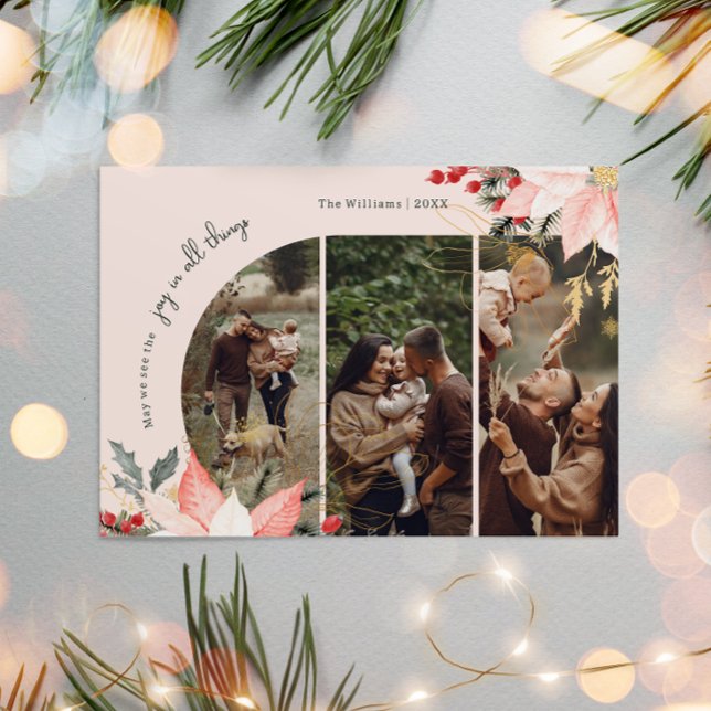 Pink Floral Arch Joy In All Things Three Photo Holiday Card (Creator Uploaded)