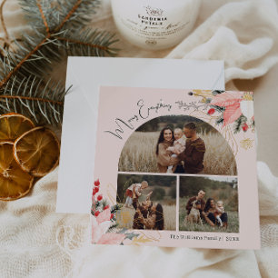Pink Floral Arch Merry Everything Three Photo Holiday Card