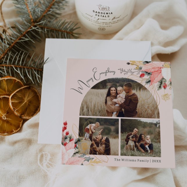 Pink Floral Arch Merry Everything Three Photo Holiday Card (Creator Uploaded)