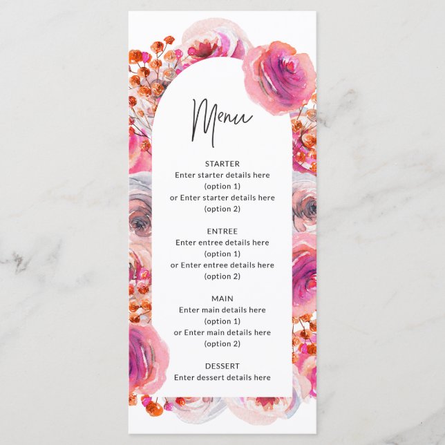Pink Floral Arch Petals & Prosecco Bridal Shower Menu (Front)