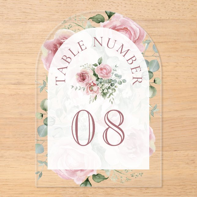 Pink Floral Arch Wedding Acrylic Table Number (Front)