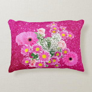 Pink Floral Arrangement Fuschia Faux Glitter Decorative Cushion