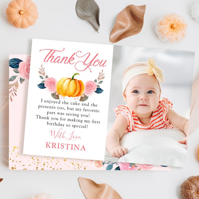 Pink Floral Autumn Pumpkin Fall Birthday Photo Thank You Card (Creator Uploaded)