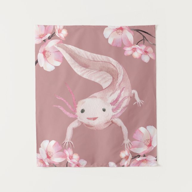 Pink Floral Axolotl Tapestry (Front)