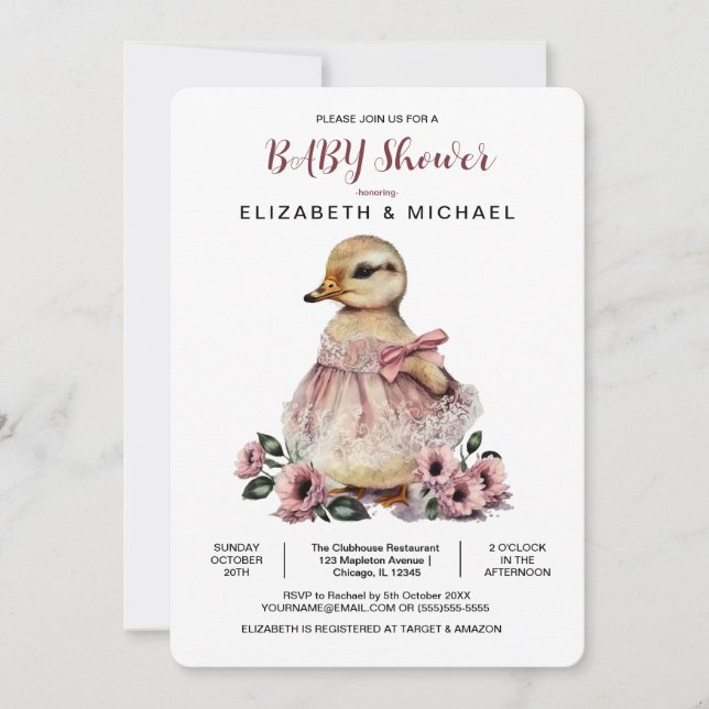 Pink Floral Baby Duck Baby Shower  for Girl Invitation (Front)