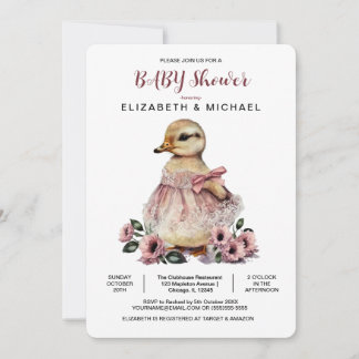 Pink Floral Baby Duck Baby Shower for Girl Invitation