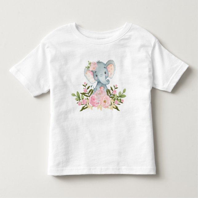 Pink Floral Baby Elephant Birthday Toddler T-Shirt (Front)