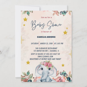 Pink floral baby elephant invitation
