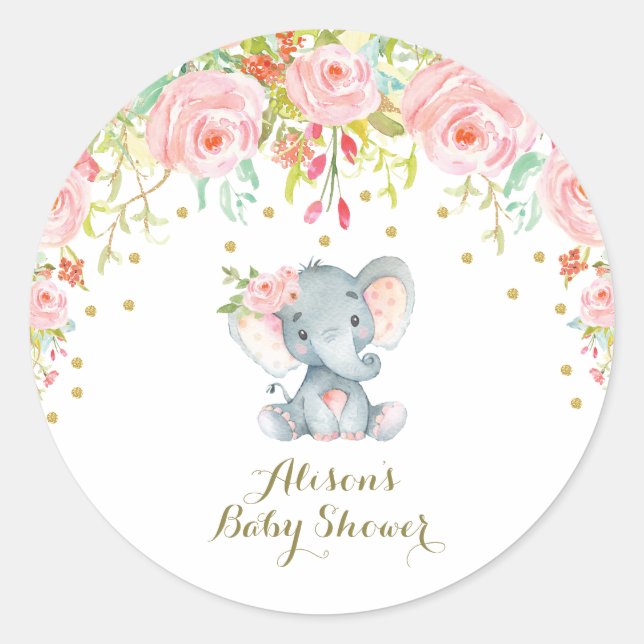 Pink Floral Baby Elephant Thank You Sticker Favors (Front)