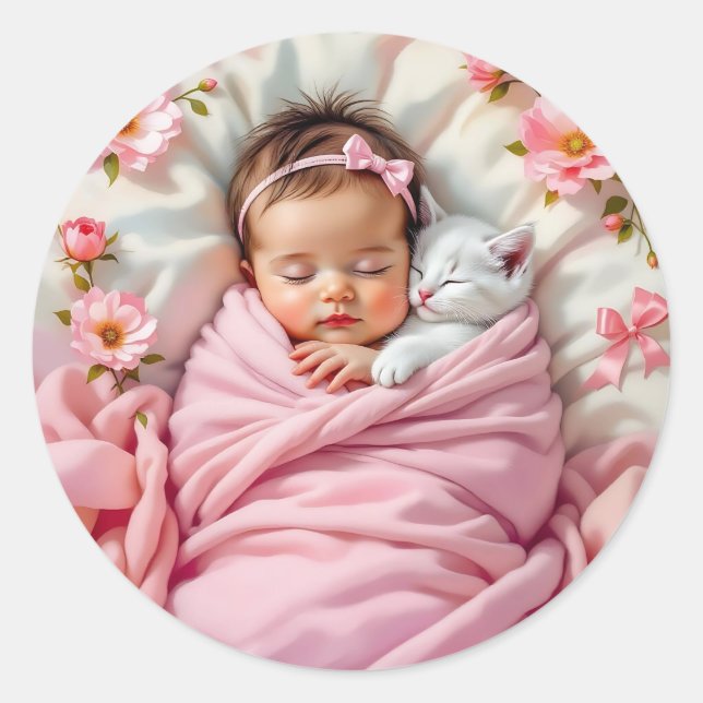 Pink Floral Baby Girl and White Kitten Classic Round Sticker (Front)