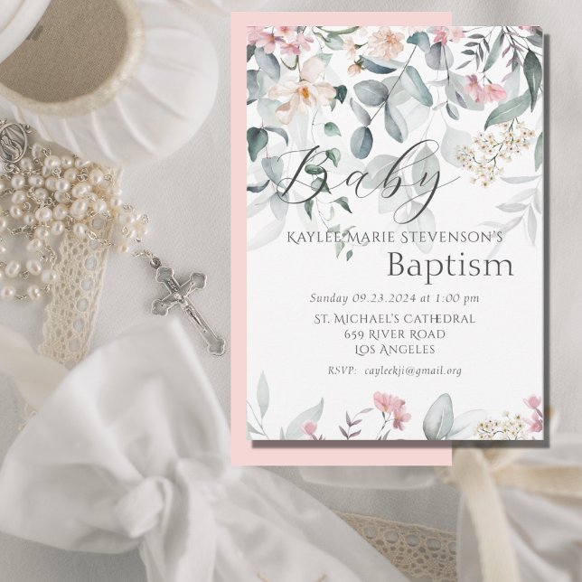 Pink Floral Baby Girl Baby Baptism Invitation (Creator Uploaded)