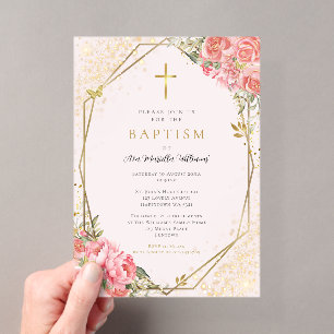 Pink Floral Baby Girl Baptism Acrylic Invitations