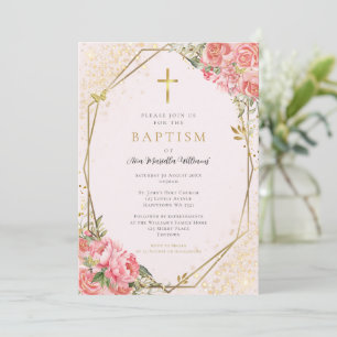 Pink Floral Baby Girl Baptism Invitation