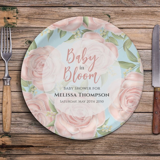 Pink Floral Baby Girl Custom Shower Paper Plate (Baby in bloom pink floral paper plates. )