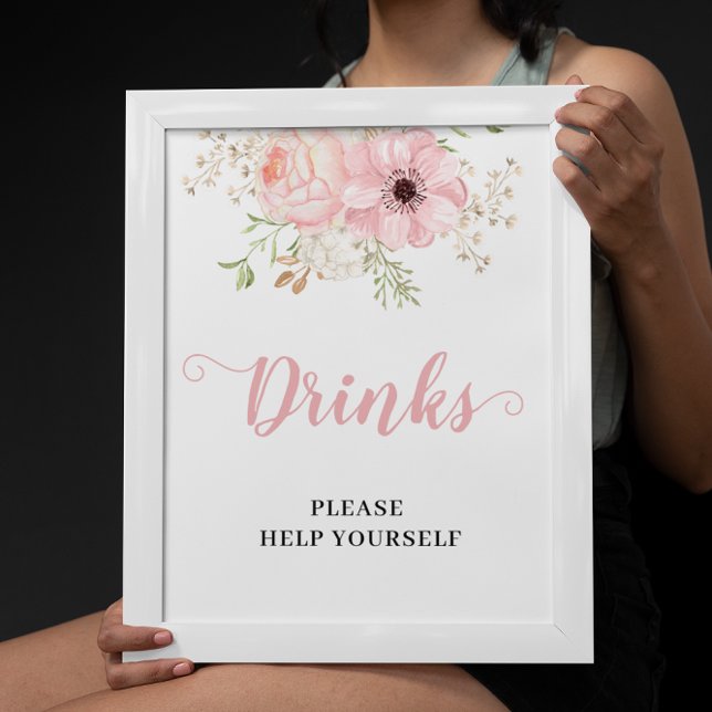 Pink Floral Baby Girl Drinks Baby Shower Sign (Creator Uploaded)