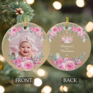 Pink Floral Baby Girl First Christmas Ceramic Ornament