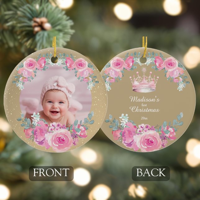 Pink Floral Baby Girl First Christmas Ceramic Ornament (baby girls first christmas personalized photo pink gold floral ornament with custom name and year)
