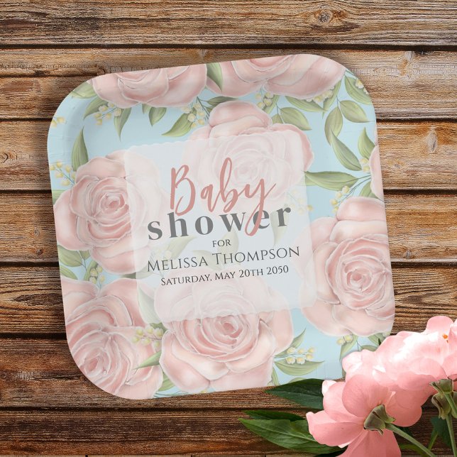Pink Floral Baby Girl Shower Botanical Blush Rose Paper Plate (Creator Uploaded)